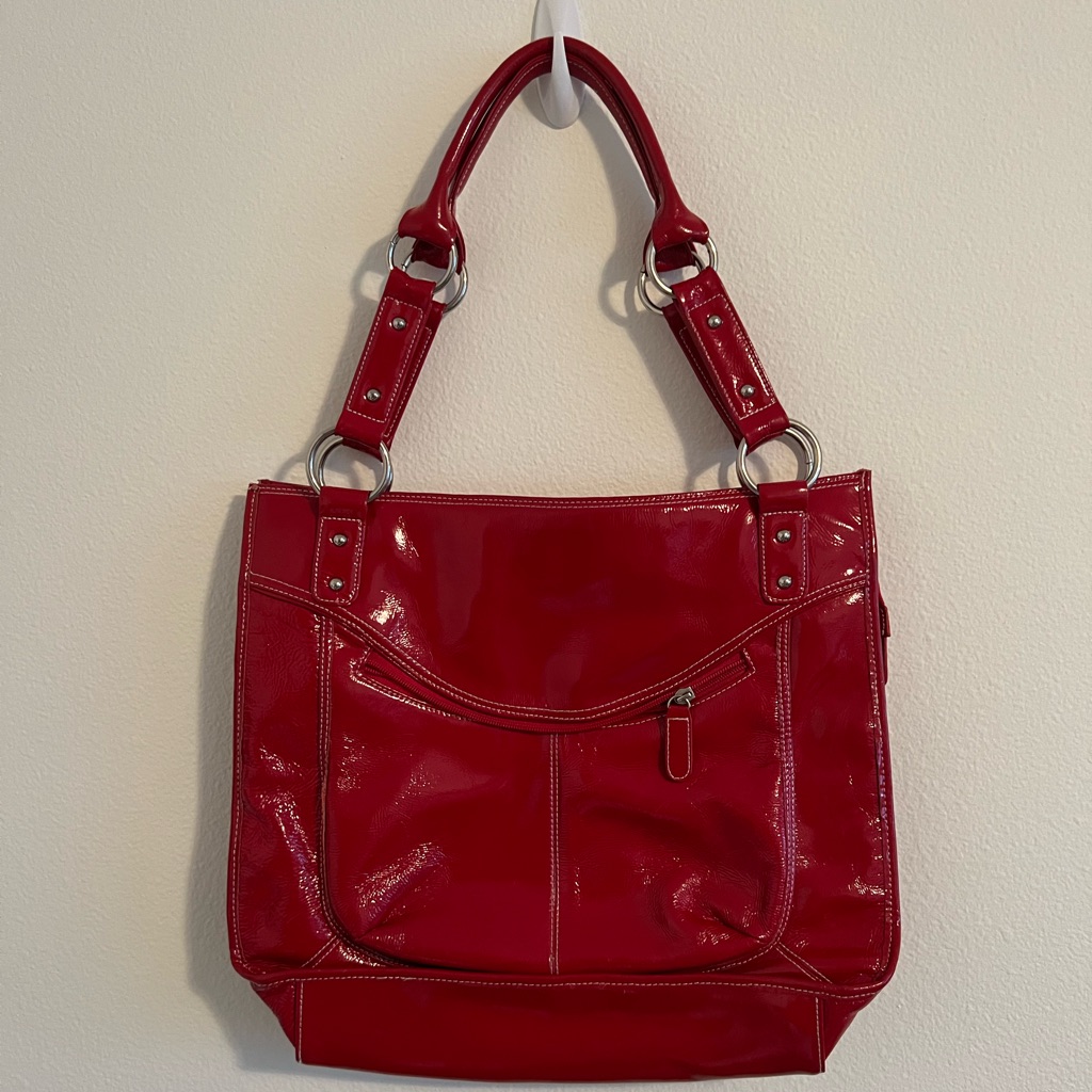 Mary Kay Red Patent Leather Tote With Silver Colored Hardware